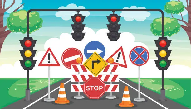 Vector illustration of Traffic Concept With Lights And Equipments