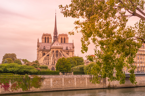 View of the back side of Cathedral Notre Dame of Paris showing the old spire which do not exist anymore destryed by the fire on 2019.