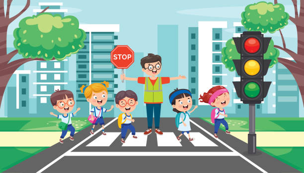 ilustraciones, imágenes clip art, dibujos animados e iconos de stock de concepto de tráfico con personajes divertidos - city of center control police mobility
