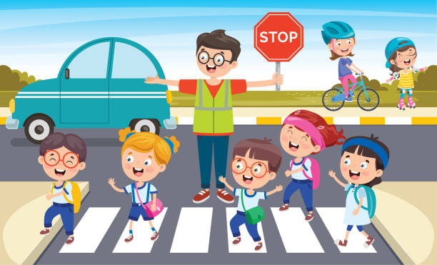 ilustrações de stock, clip art, desenhos animados e ícones de traffic concept with funny characters - child bicycle cycling danger