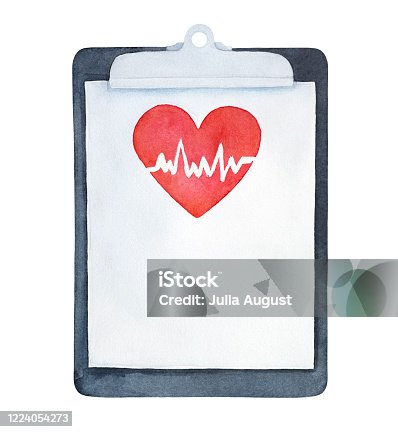 istock Water color illustration of medical clipboard with red heart image and heartbeat. Hand painted watercolour sketchy drawing on white, cutout clip art element for design, banner, print, card, poster. 1224054273