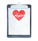 istock Water color illustration of medical clipboard with red heart image and heartbeat. Hand painted watercolour sketchy drawing on white, cutout clip art element for design, banner, print, card, poster. 1224054273