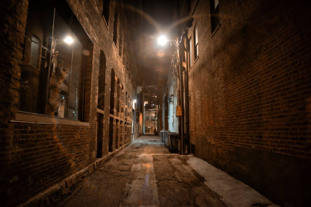 Dark and eerie urban city alley at night Dark and eerie urban city alley at night industrial garbage bin photos stock pictures, royalty-free photos & images