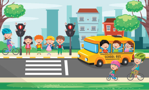 Traffic Concept With Funny Characters Traffic Concept With Funny Characters way to school stock illustrations