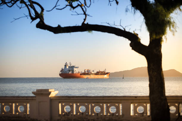 oil-chemical tanker leaving the port of santos - oil shipping industrial ship oil tanker imagens e fotografias de stock