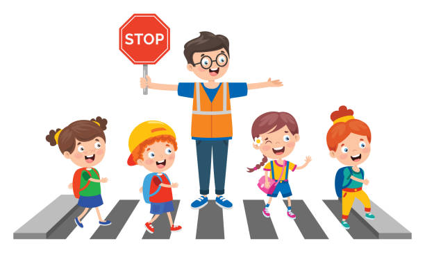 재미있는 캐릭터와 교통 개념 - crosswalk information medium street road stock illustrations