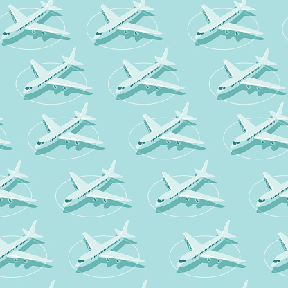 Planes parked at airport. Crisis of aviation industry during coronavirus COVID-19 outbreak. Flat vector seamless pattern.