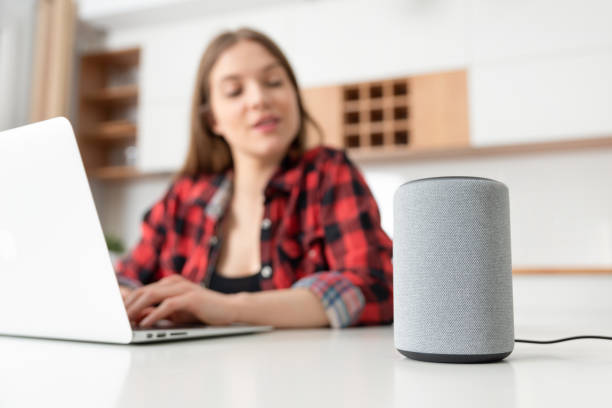istock Woman talking to smart speaker. Smart home. 1224059012