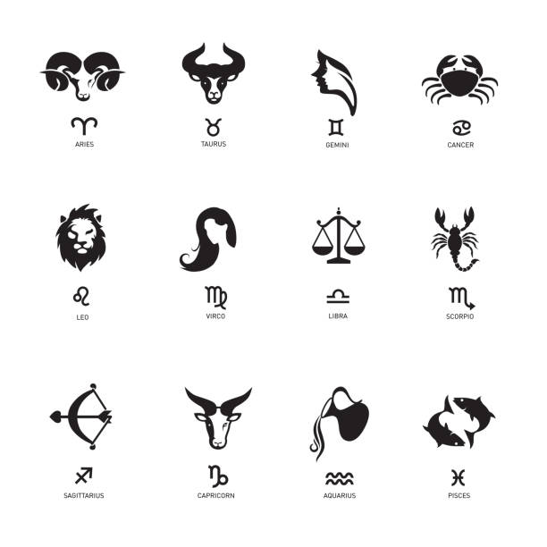 Zodiac sign icons Zodiac sign icons representing the twelve signs of the zodiac for horoscopes aries stock illustrations