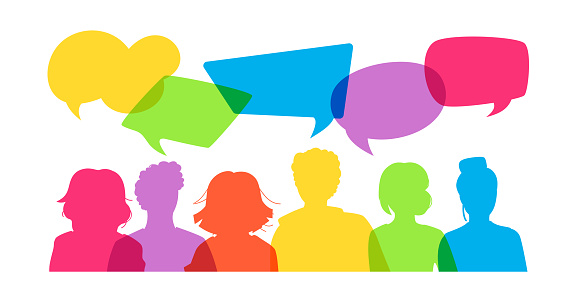 People icon colorful overlay dialog speech bubble. Flat cartoon style. Group young people students discuss social network, news, social networks, health. Silhouette speech bubbles. Vector illustration