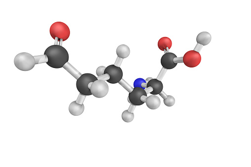 Estructura 3d de la alisina, un derivado de la lisina, utilizado en la producción de elastina y colágeno. Es esencial en la formación de enlace cruzado que estabilice el colágeno y la elastina photo
