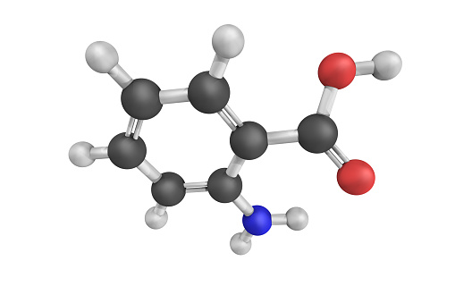 3d structure of Anthranilic acid, an aromatic acid the molecule of which consists of a substituted benzene ring, with two adjacent groups, a carboxylic acid and an amine.