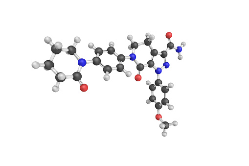 3d structure of Apixaban, an anticoagulant for the treatment of venous thromboembolic events. It is taken by mouth. It is a direct factor Xa inhibitor.