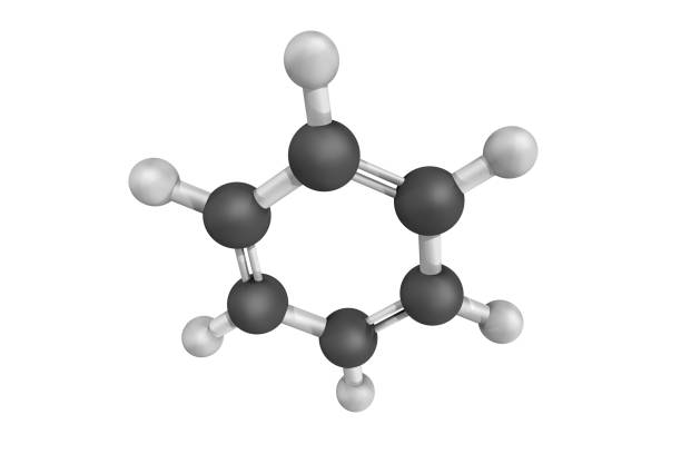 3d structure of Benzene, an important organic chemical compound. Because it contains only carbon and hydrogen atoms, benzene is classed as a hydrocarbon stock photo