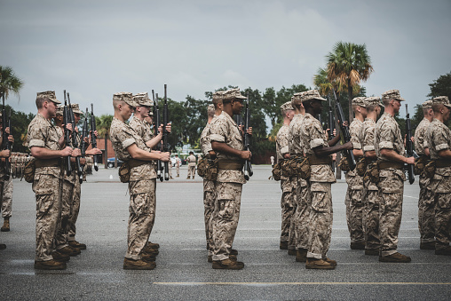 Marine recruits undergo basic training at Marine Corps Recruit Depot Parris Island in South Carolina. (September 2014)