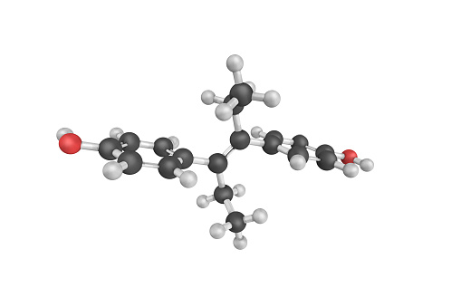Estructura 3d de Diethylstilbestrol, un sintético, estrógeno no esteroide o no esteroide o el grupo de stilbestrol que fue sintetizado por primera vez en 1938. También se clasifica como un disruptor endocrino. photo