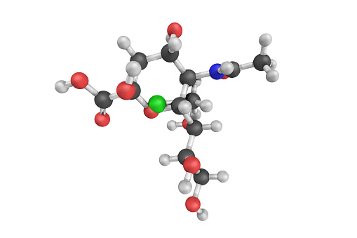 3d structure of Lactaminic acid, an N-acyl derivative of neuraminic acid. N-acetylneuraminic acid occurs in many polysaccharides, glycoproteins, and glycolipids in animals and bacteria.