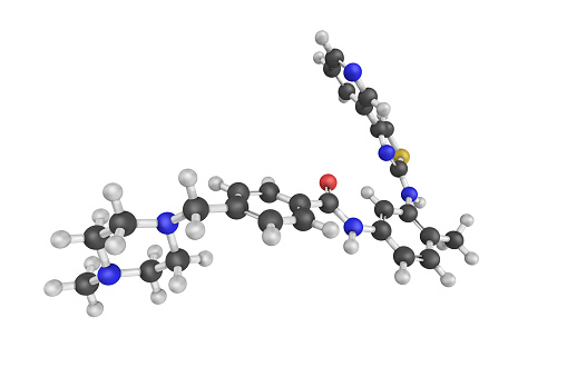 3d structure of Masitinib, a tyrosine-kinase inhibitor used in the treatment of mast cell tumors in animals, specifically dogs.