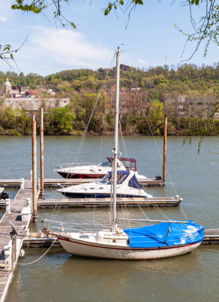 trois bateaux amarrés le long de la rivière allegheny, pittsburgh, pennsylvanie, etats-unis - steel photography vertical pittsburgh pennsylvania photos et images de collection
