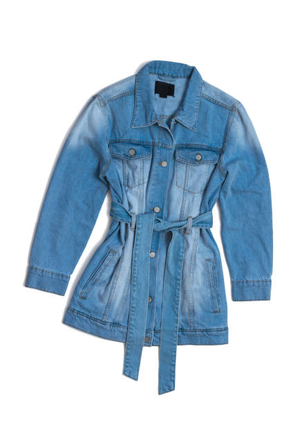 istock Fashionable denim long jacket with a belt isolated on a white background. 1224078255