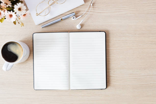 istock Top view Office desktop with office accessories, Desktop with business objects. 1224078441