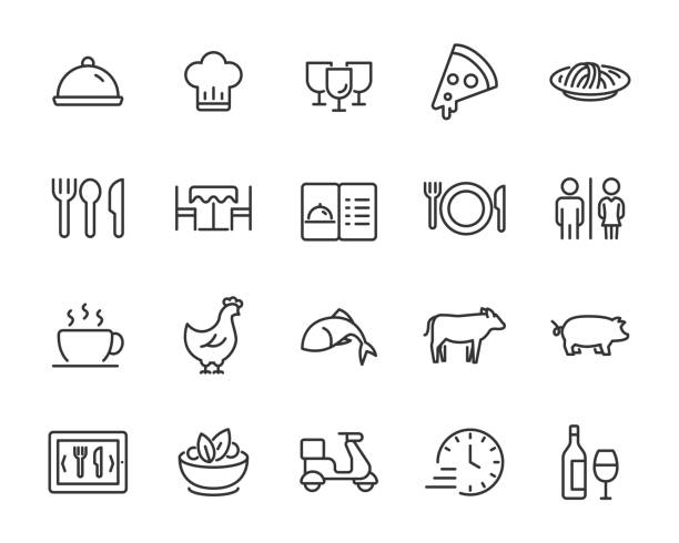 ilustrações de stock, clip art, desenhos animados e ícones de set of restaurant icons, food, drinks, menu, chef - main course