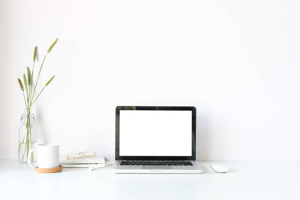 istock Workspace desk and laptop. copy space and blank screen. Business image, Blank screen laptop and supplies. 1224079124