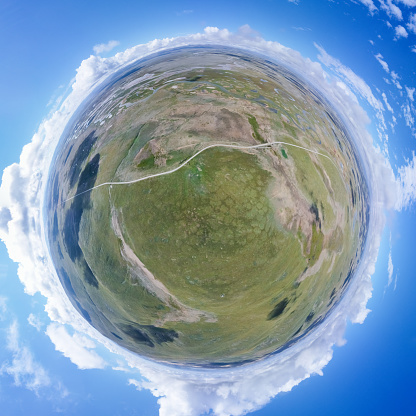 little planet image,spherical panorama, water sources conservation region and plateau wetland, yellow river township, qinghai province ,China