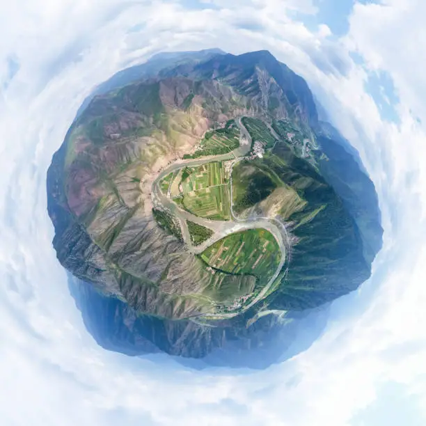 beautiful little planet image of datong river and farmland in qinghai mutual aid county, north mountain national forest park landscape, spherical panorama