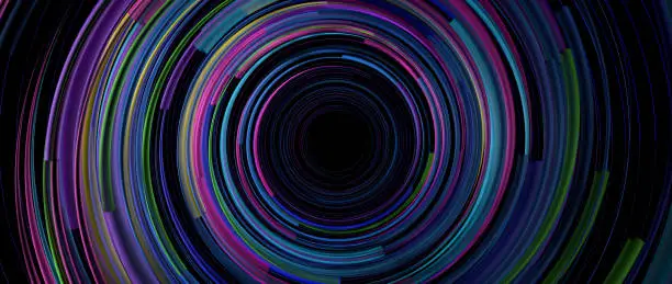 Background of light lines of blue, green, yellow and purple color rotating rapidly in circles on a black background forming a tunnel. 3D Illustration