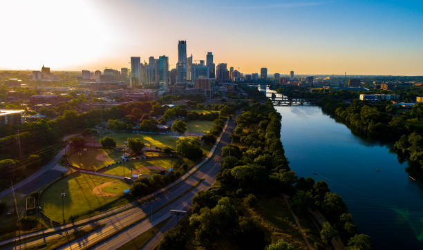 austin texas sunrise long shadows extending across the cityscape - old town imagens e fotografias de stock