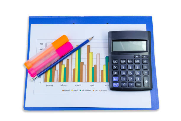 istock pencil, calculator, Blue file, graph sheet, Color highlight pen on white background isolated, concept Office equipment 1224087818