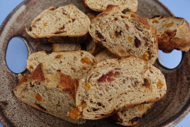 istock Candied fruit bread for breakfast Slices of bread in a ceramic basket 1224089018