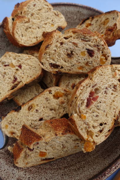 istock Candied fruit bread for breakfast Slices of bread in a ceramic basket 1224089065