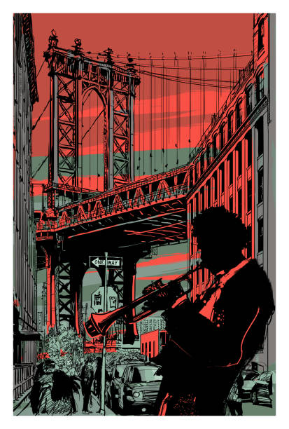 ilustrações, clipart, desenhos animados e ícones de jazz trompete no brooklyn - new york city skyline bridge brooklyn