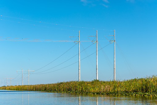 Power lines running through Everglades National Park near Fort Lauderdale, Florida, USA - electric power wires