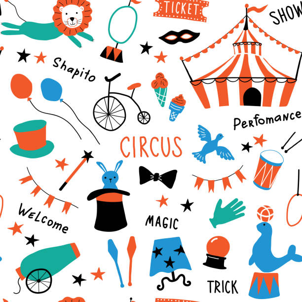 Seamless childish pattern with cute circus symbols. Shapito show with performance elements. Doodle hand drawn vector illustration. Scandinavian style kids texture for fabric, wrapping, textile. Seamless childish pattern with cute circus symbols. Shapito show with performance elements. Doodle hand drawn vector illustration. Scandinavian style kids texture for fabric, wrapping, textile. traveling carnival illustrations stock illustrations