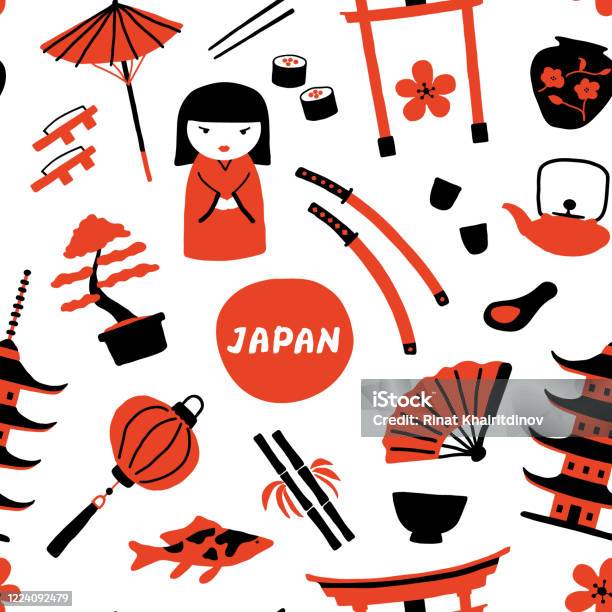 Seamless Childish Pattern With Cute Traditional Japanese Symbols Travel To  Japan Funny Doodle Hand Drawn Vector