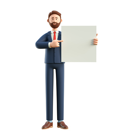 Portrait of smiling happy businessman holding white blank board. 3D illustration of cartoon standing man in suit showing banner, advertising poster, isolated on white background.