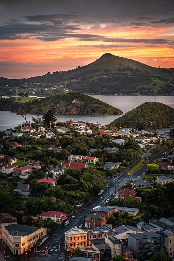 Sunset over Harbour Cone (Hereweka), and Port Chalmers, Dunedin, New Zealand