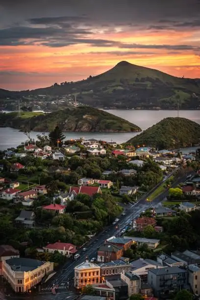 Photo of Sunset over Harbour Cone (Hereweka), and Port Chalmers, Dunedin, New Zealand