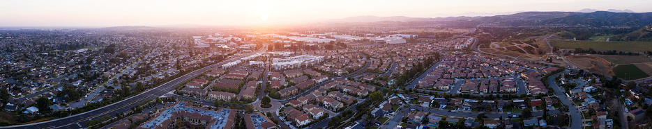 Sunset aerial view of Downtown Brea, California.