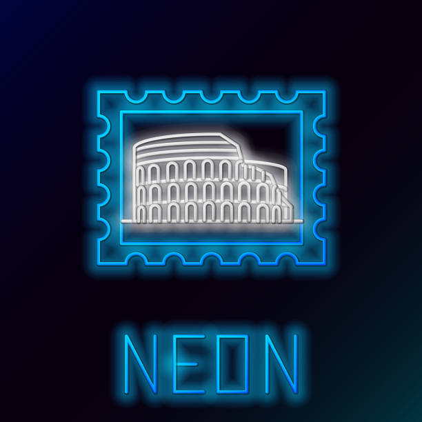 istock Blue glowing neon line Postal stamp and Coliseum icon isolated on black background. Colosseum sign. Symbol of Ancient Rome, gladiator fights. Colorful outline concept. Vector Illustration 1224094650