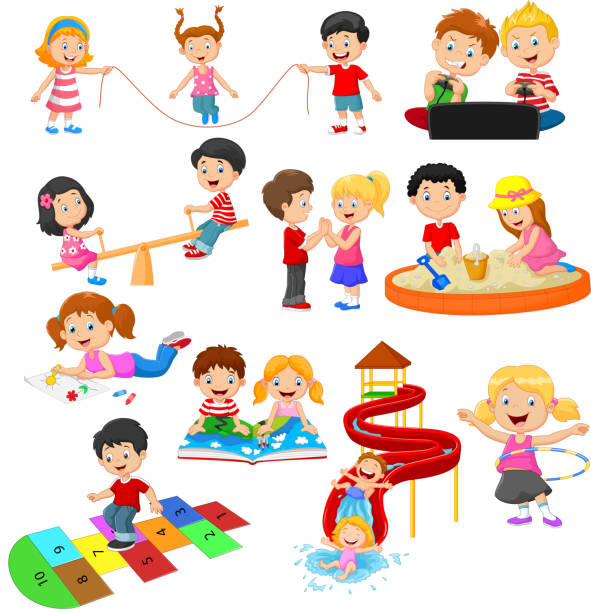 Cartoon children with different hobbies and sport activities Vector illustration of Cartoon children with different hobbies and sport activities hopscotch stock illustrations