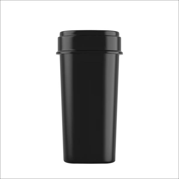 istock Realistic mock up black bottles for drugs, tablets. 3d Plastic blank medical containers isolated on white background. Vector illustration 1224095629