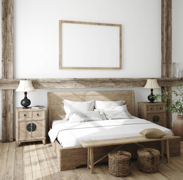istock Mockup frame in bedroom interior background, Farmhouse style 1224096468