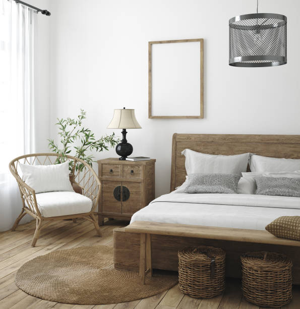 istock Mockup frame in bedroom interior background, Farmhouse style 1224096496