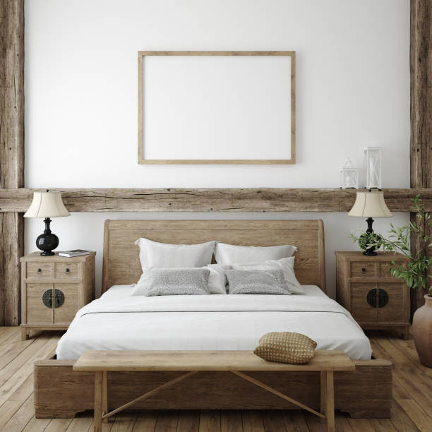 cornice mockup in sfondo interno della camera da letto, stile casale - poster bed foto e immagini stock