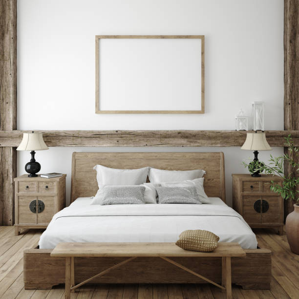 istock Mockup frame in bedroom interior background, Farmhouse style 1224096515