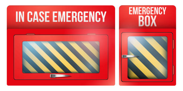 Set case of emergency Set of Empty red emergency box with in case of emergency breakable glass. Vector illustration Isolated on white background. emergency break glass box stock illustrations